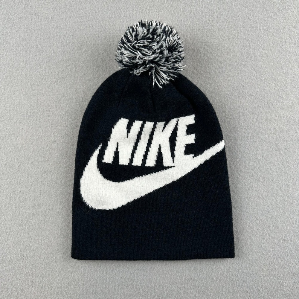 Nike Pom Beanie Youth OS Black White Knit Logo Winter Hat 2695-023